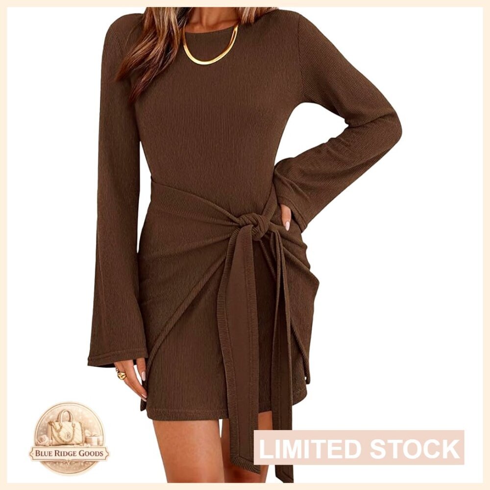 Bell Sleeve Boat Neck Bodycon Dress Tie Waist Knitted Mini Party Outfit